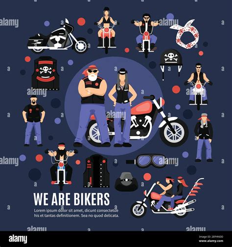 Bikers Icons Set With Men Women And Equipment Flat Vector Illustration