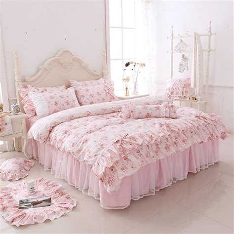 Pink Soft Cotton Duvet Cover Set Floral Ruffle Bedding Set Etsy In