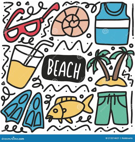 Hand Drawn Beach Doodle Set Stock Vector Illustration Of Object
