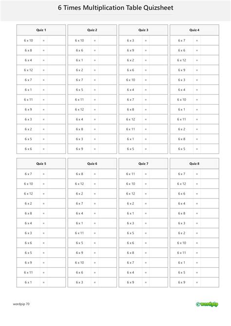 6 Times Table Multiplication Quiz Sheet Times Tables Times Table