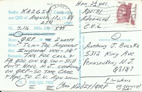 Vintage N2dzy Wildwood Crest New Jersey Usa 1983 Amateur Radio Qsl Card Ebay