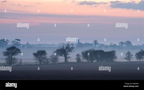 A View Across Fields On A Misty Morning Towards The Village Of Martham