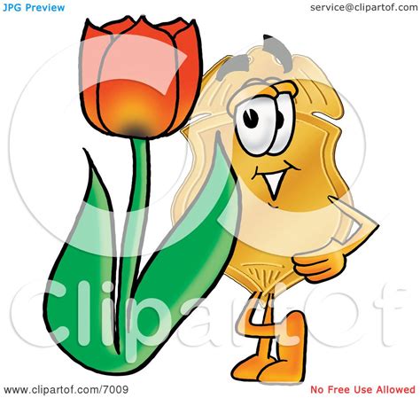 Clipart Picture Of A Badge Mascot Cartoon Character With A Red Tulip