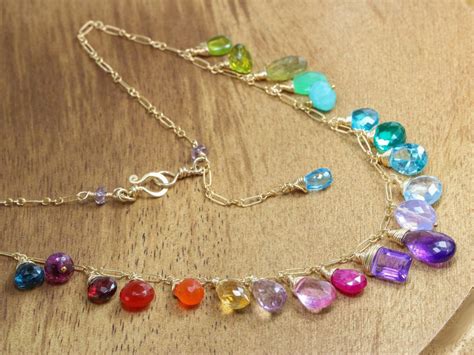 Rainbow Multi Gemstone Necklace In Gold Filled Precious Drop Necklace