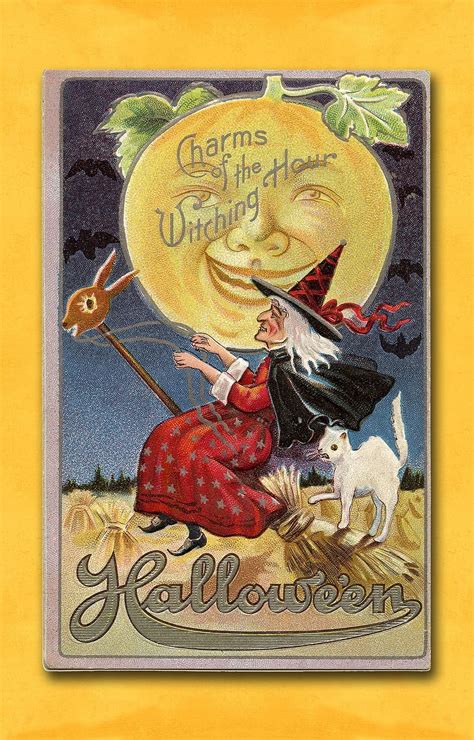 Hd Wallpaper Halloween Vintage Card Witch Moon Holiday Retro