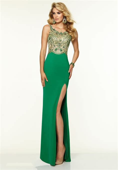Emerald Green Prom Dress Sheer Tulle Beading Fitted Bodice Satin Floor Length Sultry Front Slit