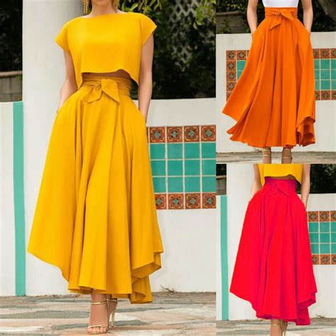 Fashion Women High Waist Flared Pleated Long Skirt Gypsy Maxi Skirt Full Length