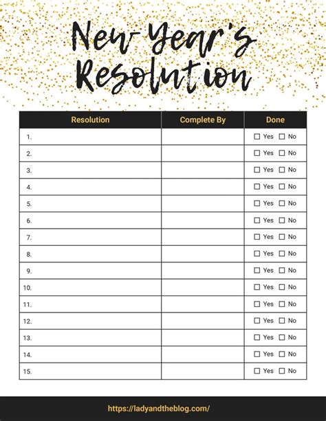 The New Years Resolution Printable Is Shown With Gold Confetti On It