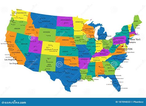Colorido Mapa Político De Estados Unidos De América Con Capas