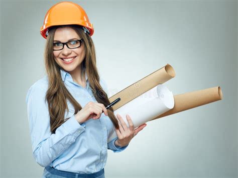 Woman Builder Holding Paper Plans And Pen Stock Photo Image Of Hand