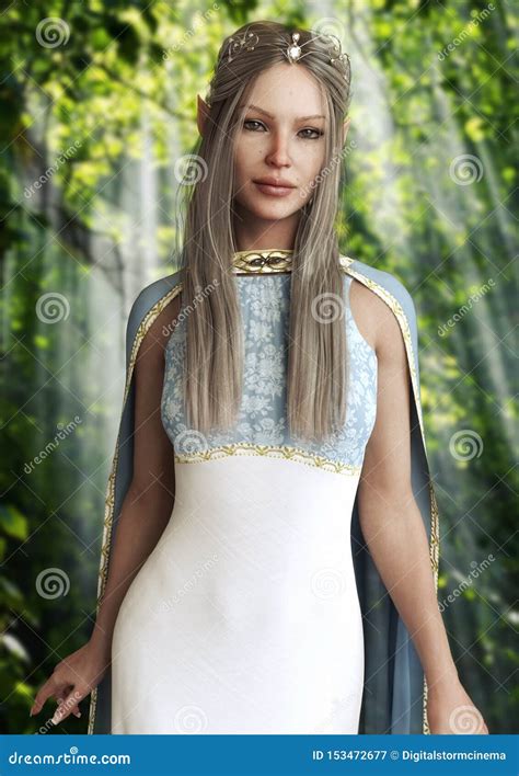Vertical Portrait Of The Queen Of The Elves Female With An Elegant Dress And Tiara With Long