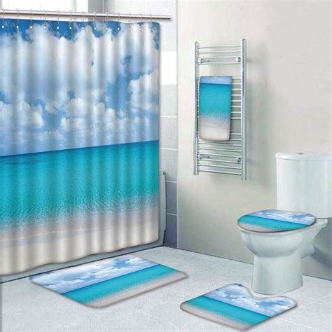 Prtau Solitude Peaceful Beach Scene With Ocean Cloudy Sky 5 Piece Bathroom Set Shower Curtain