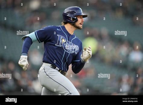 Tampa Bay Rays Josh Lowe Rounds First During A Baseball Game Against