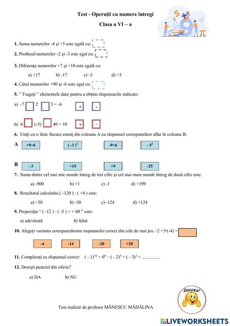 Operatii Cu Numere Intregi Test Clasa Vi Worksheet Live Worksheets