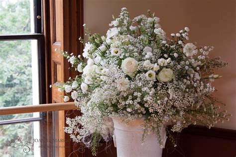 Delicate Wedding Pedestal Arrangement White Gypsophila Asters Roses
