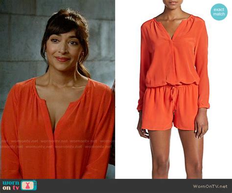 Wornontv Ceces Red Split Neck Romper On New Girl Hannah Simone Clothes And Wardrobe From Tv