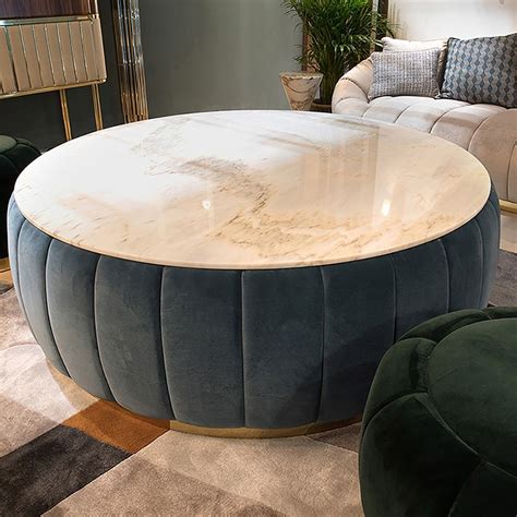 Modern Round Coffee Table With Stone Top And Upholstered Base Homary