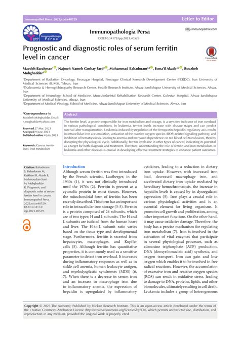 Pdf Prognostic And Diagnostic Roles Of Serum Ferritin Level In Cancer