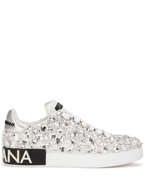 Dolce And Gabbana Portofino Crystal Embellished Sneakers In White Modesens
