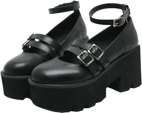 Mavmax Womens Goth Mary Jane Shoes Buckle Platform Chunky High Heel