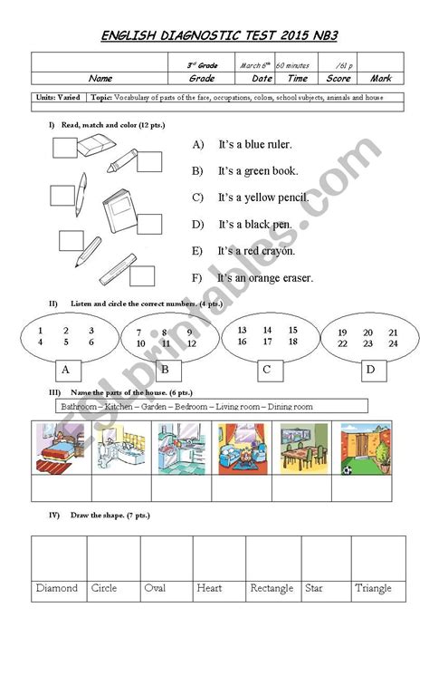 Diagnostic Test 3rd Grade Esl Worksheet By Gia Mel