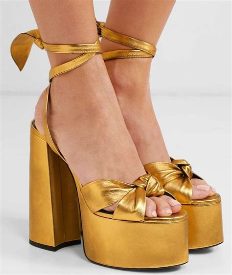 Gold Paige Metallic Leather Platform Sandals Ankle Strap Chunky Heels