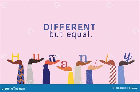 Different But Equal And Humanity Word On Diversity Hands Up Vector