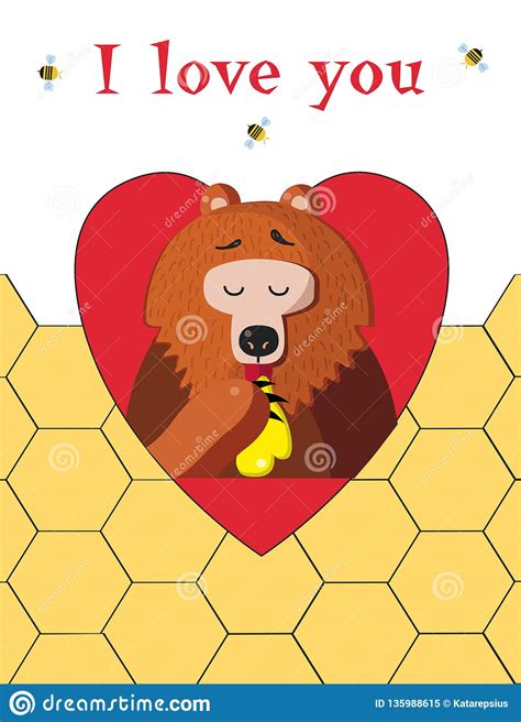 I Love You Greeting Card Of Cute Bear Eating Honey On Honeycomb