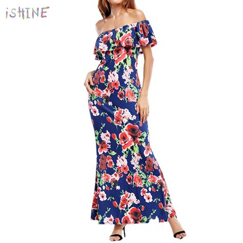 Women Boho Maxi Dress 2018 Summer Dress Sexy Ruffled Off Shoulder Flower Print Long Dresses