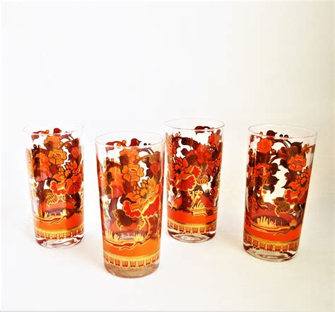 Red Gold Drinking Glasses Floral Cocktail Mid Century Highball Etsy