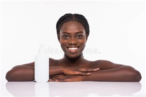 Beautiful African Woman With Perfect Skin Holding Bottle Young Woman In Beauty Concept Isolated