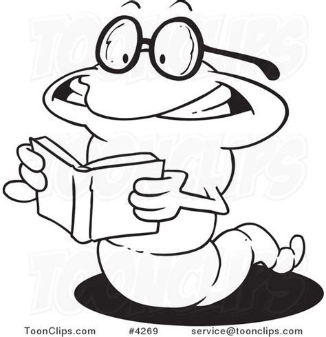 Cartoon Black And White Line Drawing Of A Worm Reading A Book 4269 By
