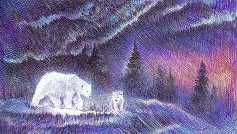 Painting Winter Polar Bears Night Sky HD Wallpaper Wallpaperbetter