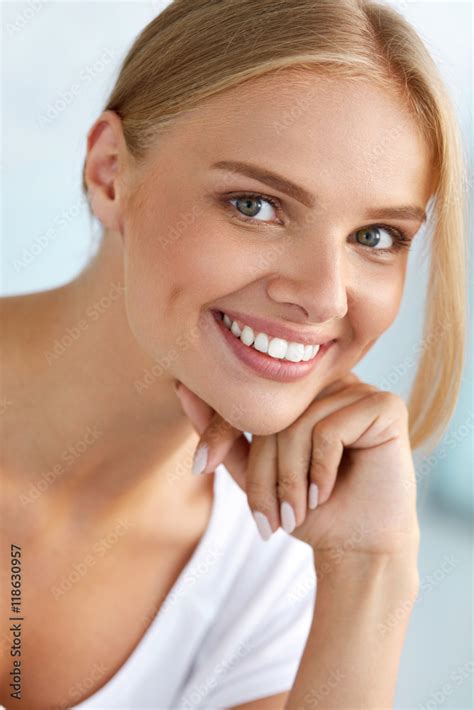 Beauty Portrait Of Woman With Beautiful Smile Fresh Face Smiling High Resolution Image Stock