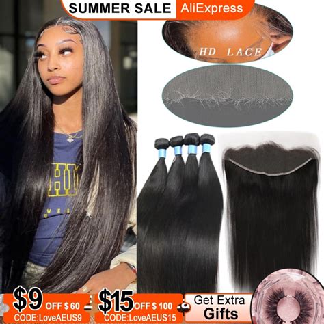32 Inch Bone Straight Hair Bundles With Hd Lace Frontal Melt Skins