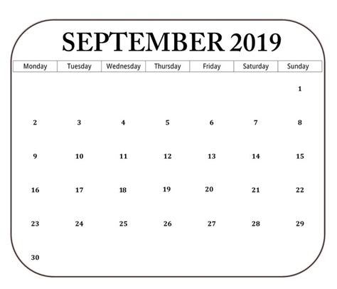 Clean Blank September 2019 Editable Calendar Calendar Word September