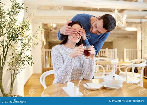 Happy Couple Drinking Tea At Cafe Stock Image Image Of Lovely