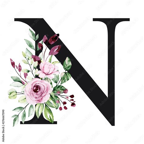 Floral Alphabet Letter N With Watercolor Flowers And Leaves Monogram