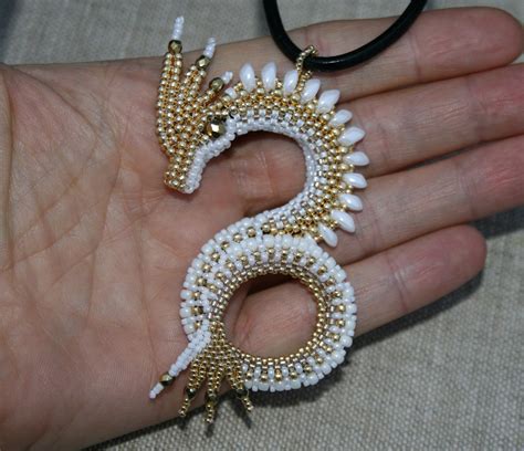 Golden White Dragon Necklace Gold Necklace Seed Bead Necklace Dragon