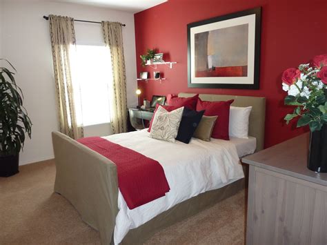 Model Apartment Bedroom Red Neutral Ikea Furniture Accent Wall