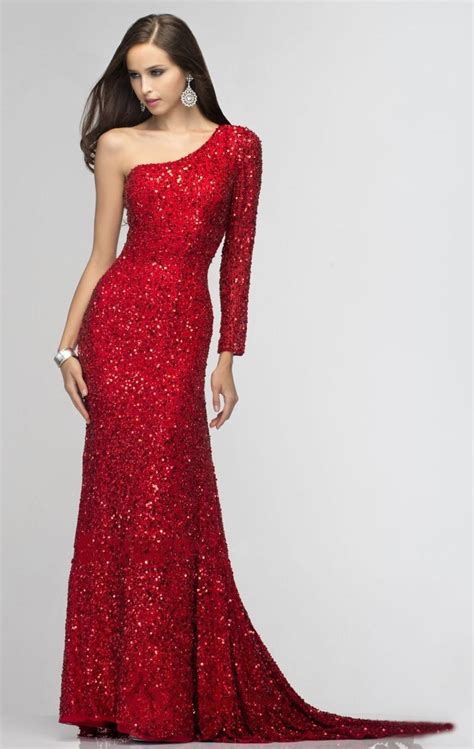 Gold Silver Red Sequins Beaded One Shoulder Long Sleeve Sexy Sequins Prom Dress One Sleeve