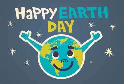 Happy Earth Day Cute Greeting Card Design With Cartoon Planet Stock