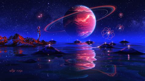 Wallpaper Digital Art Stars Planet Water Lights Science Fiction