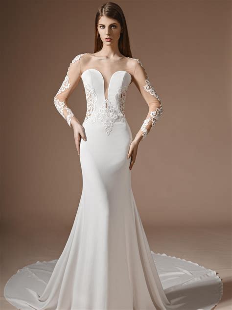 papilio fit and flare style wedding dress with illusion neckline and long sleeves