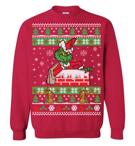 Seuss Grinch As Santa Next To Tree Adult Off White Ugly Christmas Sweater Clothing Shoes