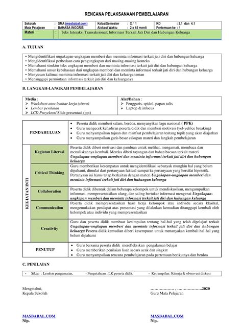 Rencana pelaksanaan pembelajaran nama sekolah : Format Rpp 1 Lembar Smk Daring | Blog Guru Kelas