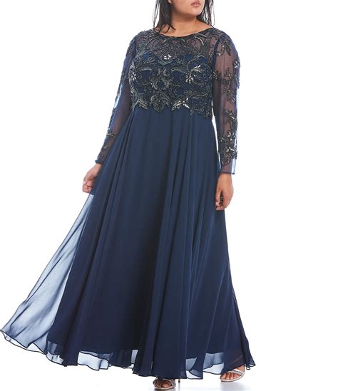 Xscape Plus Size Jewel Neck Long Sleeve Beaded Bodice Chiffon Gown