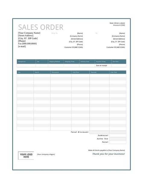 Printable Sales Order Form Template