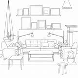 Outline Interior Living Furniture Cozy Coloring Scandinavian Hotel Lobby Illustration Adult Minimalist Nordic Rustic sketch template