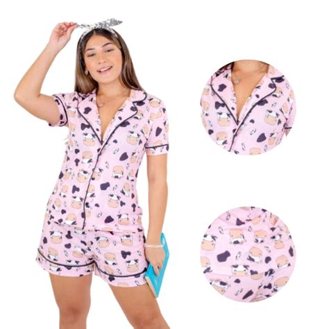 Pijama Feminino Americano Calor Blogueira Botao Verao Curto Shopee Brasil